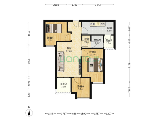 海成轨道0309 3室1厅1卫 70平方