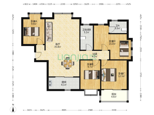 紫荆城 4室1厅2卫 130平方