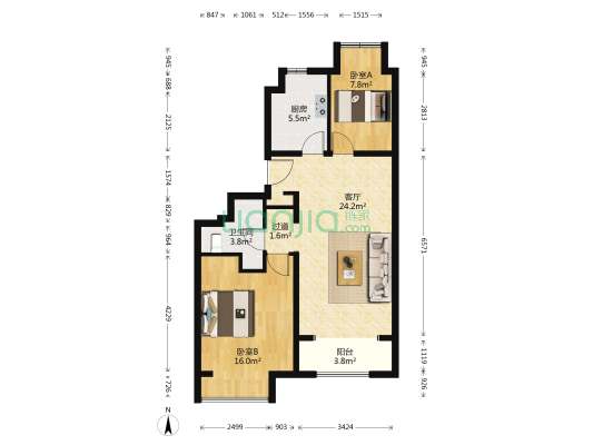 万科幸福汇 2室1厅1卫 87平方