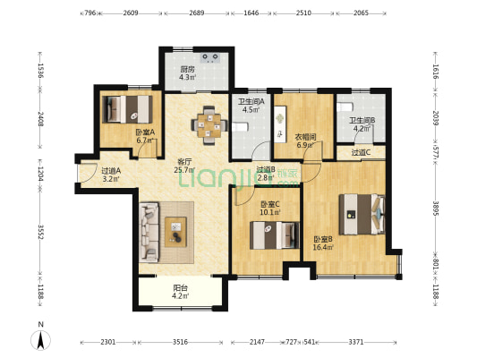 合景誉峰 3室1厅2卫 131平方