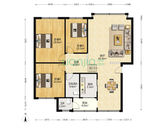 庐山南路二段52号 3室1厅2卫 131平方