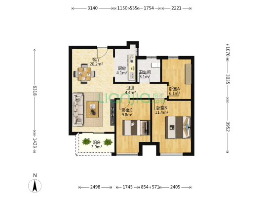 汇泉城6号院 3室1厅1卫 87平方