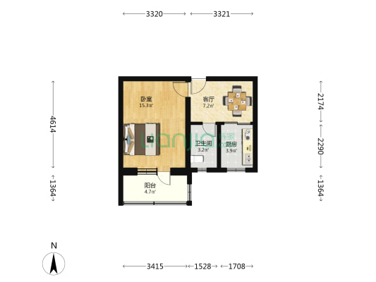 芍药居1号院 1室1厅1卫 44平方