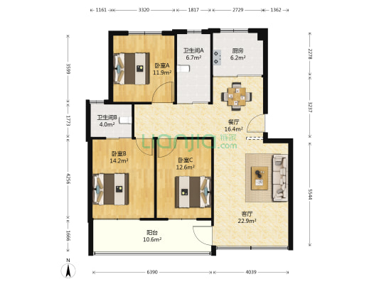 梅江西苑 3室2厅2卫 120平方