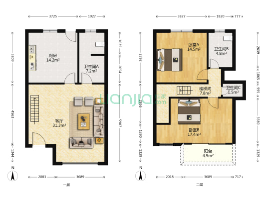 海湾健康花苑 2室1厅3卫 119平方