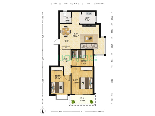江南馨园 3室1厅1卫 92平方