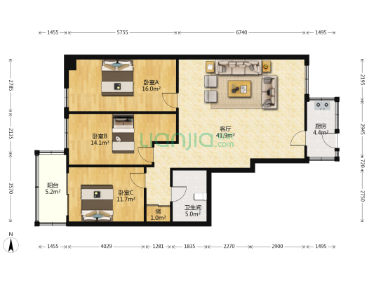 复兴大街 3室1厅1卫 109平方