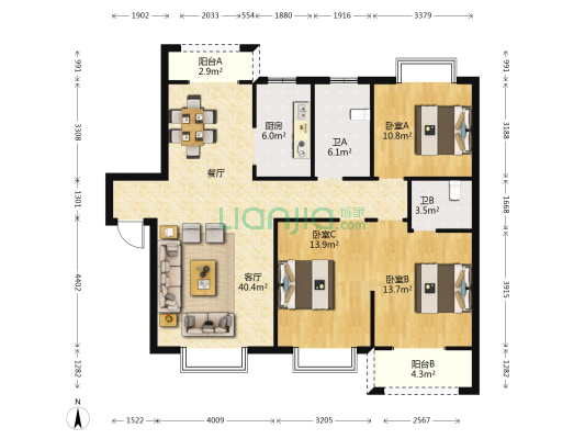 竹林广场 3室1厅2卫 127平方