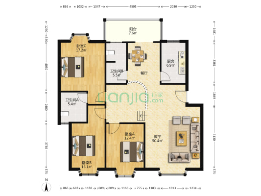 都市阳光 3室1厅2卫 135平方
