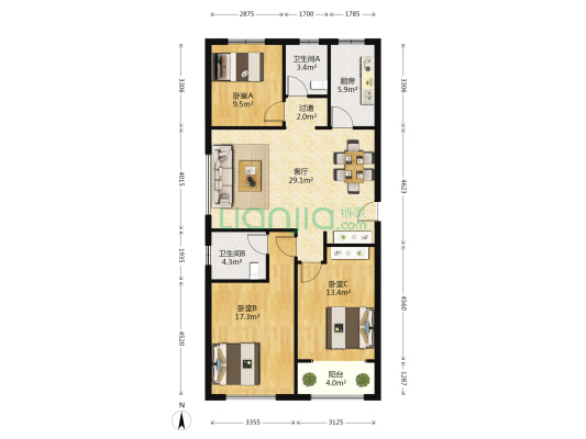 上城国际二期 3室2厅2卫 134平方