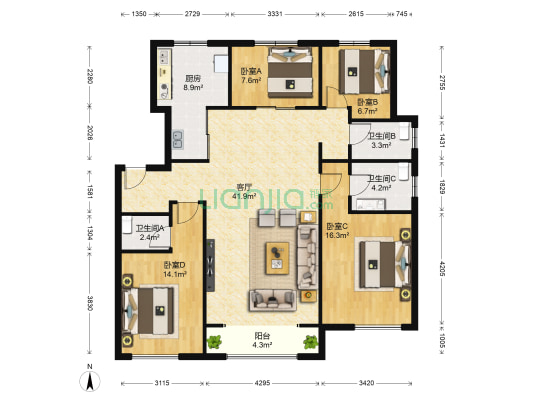 创领小区 4室1厅3卫 141平方