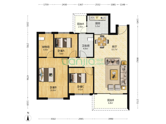 俊雅豪庭 3室1厅1卫 110平方