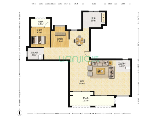 中梁大都会 2室1厅2卫 140平方