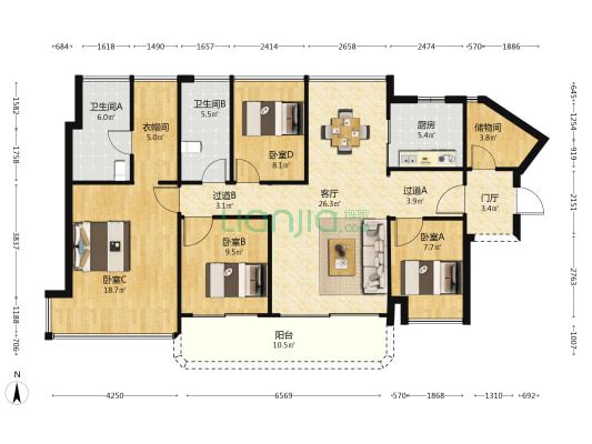 珠江海御 4室1厅2卫 142平方