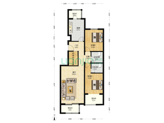 海户西里甲30号院 2室1厅2卫 120平方