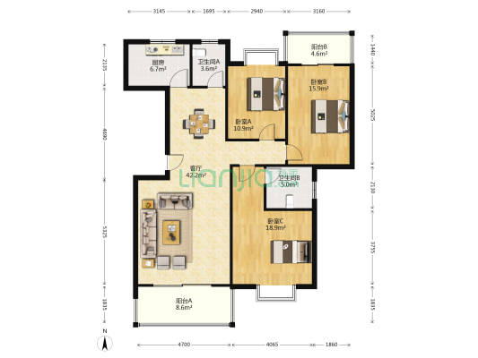 鸿景雅苑 3室1厅2卫 140平方