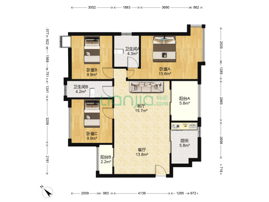 招商花园城二期 3室2厅2卫 87平方