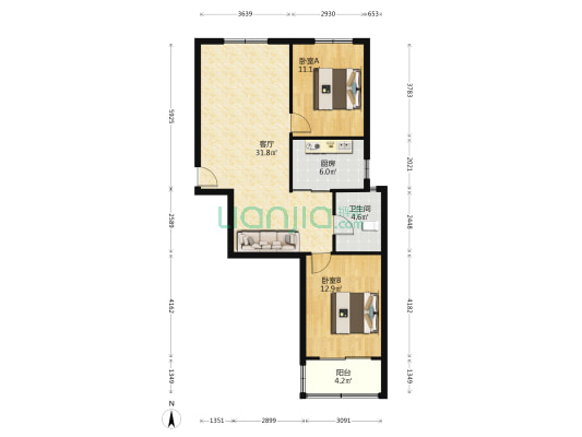 南北通透  两居室 婚房精装修  采光很好-户型图