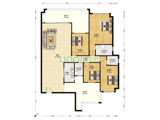 金信海怡花园 4室1厅3卫 223平方