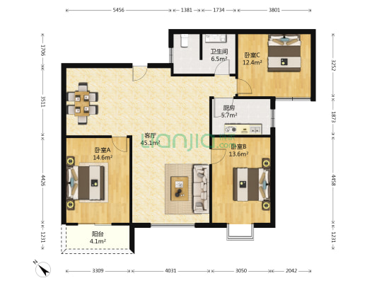 澳澜宝邸 3室1厅1卫 128平方