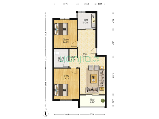 中惠丽园 2室1厅1卫 92平方