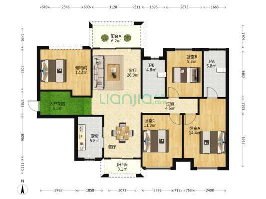 恩祥新城北大华府C区 3室1厅2卫 125平方