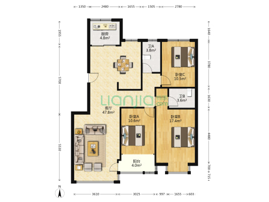 藕莲花苑 3室1厅2卫 124平方