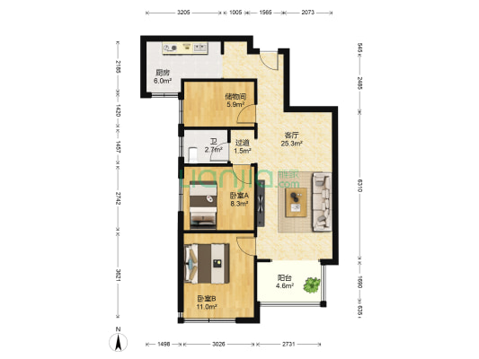 融创城开龙府1号院 2室1厅1卫 90平方