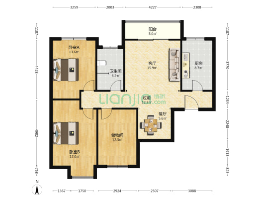 國控中州新城 2室2厅1卫 119平方