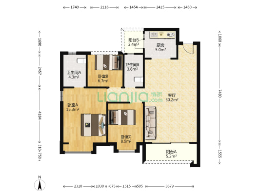 樵汇花园 3室1厅2卫 102平方
