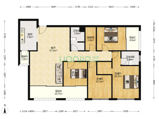 天宇澜山 4室1厅2卫 143平方