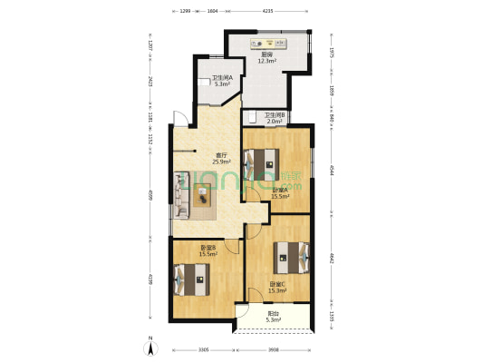八中宿舍 3室1厅2卫 107平方