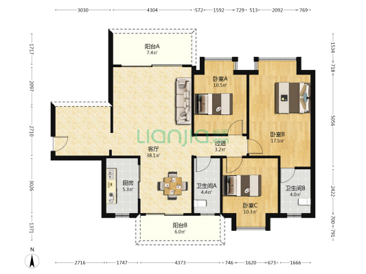 泰美花园 3室1厅2卫 121平方