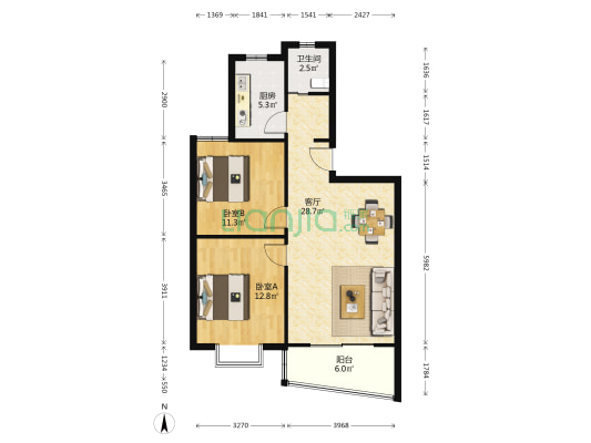 东方晶华园 2室1厅1卫 80平方
