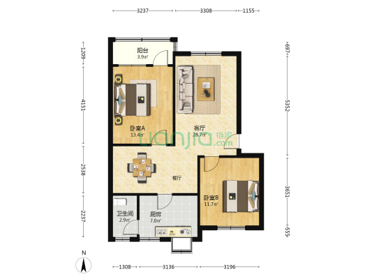 麻村宿舍 2室1厅1卫 74平方