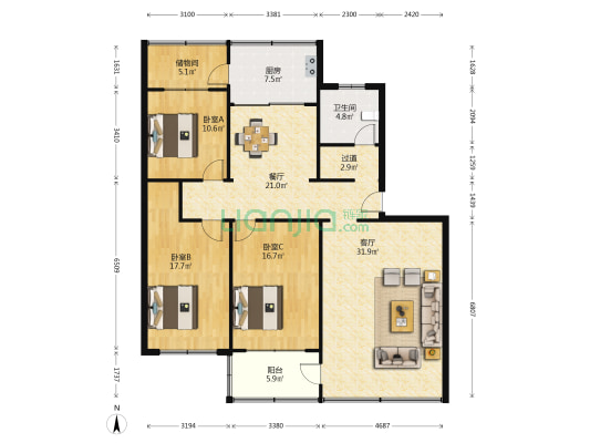 奎文环卫处宿舍 3室2厅1卫 130平方