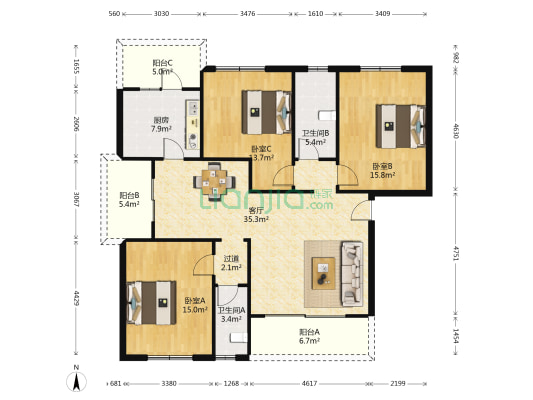 顺风苑 3室1厅2卫 138平方