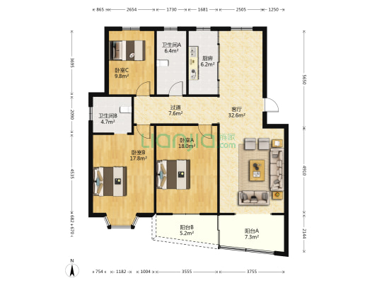 新世纪花园 3室1厅2卫 135平方