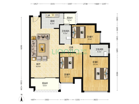 漉江蓝湾 3室1厅2卫 118平方