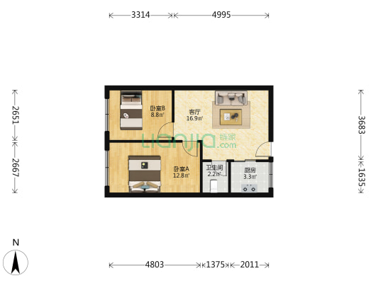 东三道巷21号 2室1厅1卫 63平方