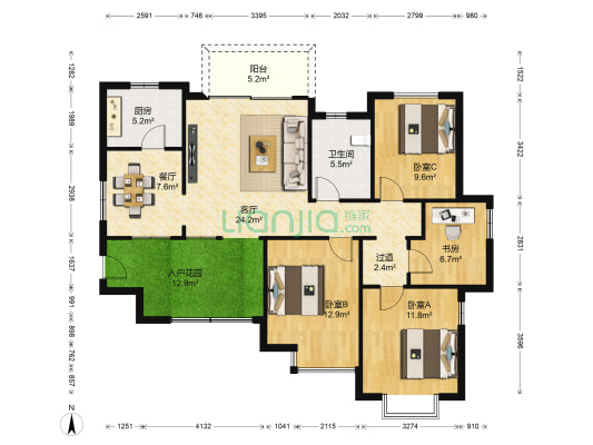 滨湖世纪城徽贵苑 4室2厅1卫 121平方