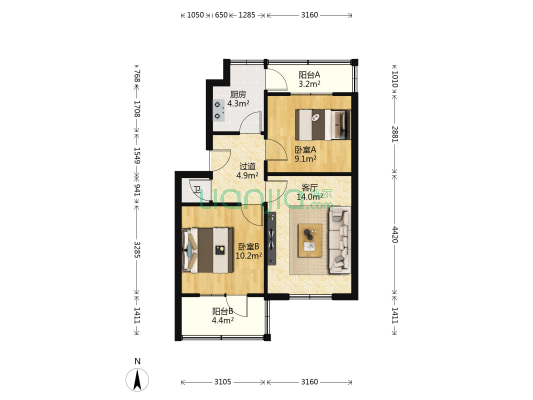 贵医附院宿舍楼 2室1厅1卫 60平方