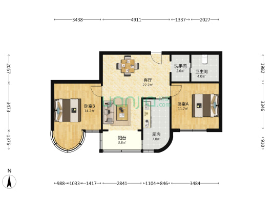 金马公寓 2室1厅2卫 83平方