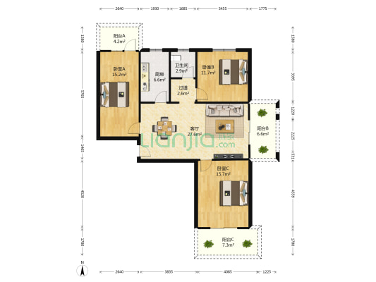 莱茵河畔花园 3室1厅1卫 119平方