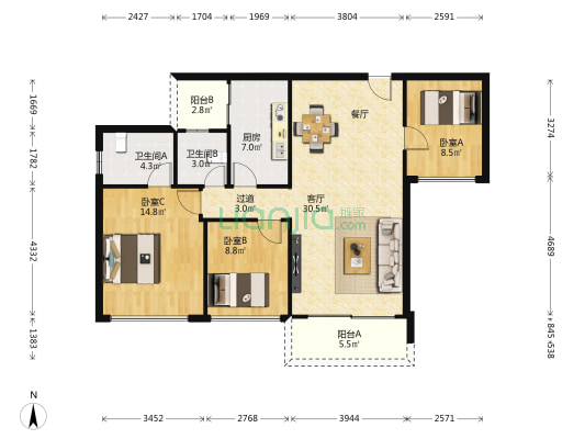 云玺锦庭 3室1厅2卫 117平方