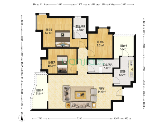 碧水云天 3室1厅2卫 105平方