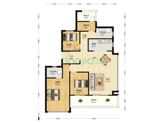 招商时代天宸 3室1厅2卫 142平方