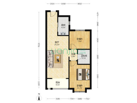 公元九里 2室1厅1卫 85平方