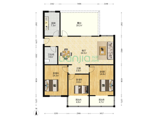 大地锦锈家园 3室1厅1卫 117平方
