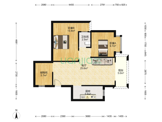 1号公馆 2室1厅1卫 93平方